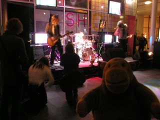 Mr Monkey watching photographers in front of the band
