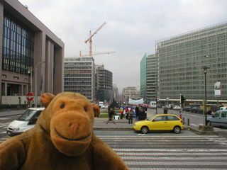 Mr Monkey looking down the Rue de la Loi