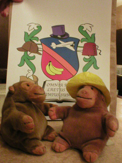 Mr Monkey and Squeeze Monkey in front of a coat of arms