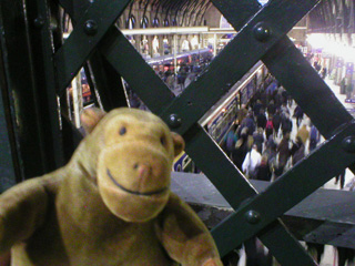 Mr Monkey looking down from a bridge at Kings Cross station