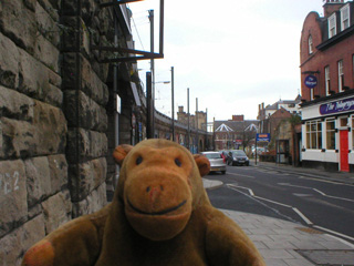 Mr Monkey beside the railway viaduct through Newcastle