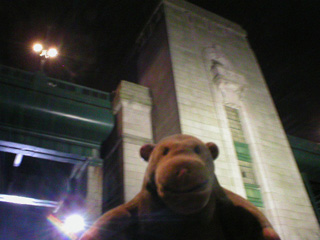 Mr Monkey looking up at the Tyne Bridge