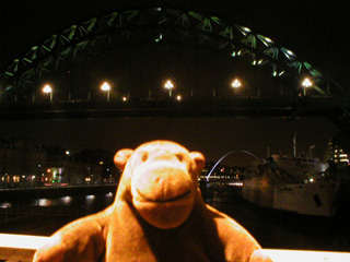 Mr Monkey looking at the Tyne Bridge from the Swing Bridge