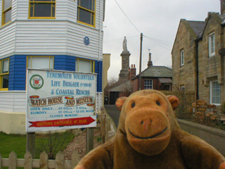 Mr Monkey looking past the Watch House at the Collingwood Monument