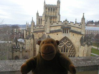 Mr Monkey looking Bristol Cathedral from his hotel room