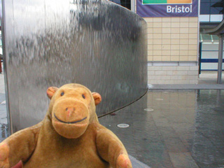Mr Monkey looking at a metal wall with water running down it