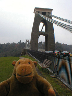 Mr Monkey looking along the side of the Suspension Bridge