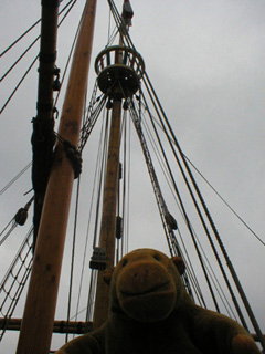 Mr Monkey looking up at the masts of the Matthew