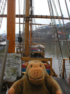 Mr Monkey along the deck of the Matthew from the sterncastle