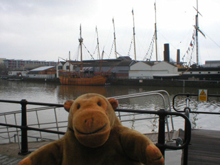Mr Monkey looking across the harbour at the Matthew and the SS Great Britain