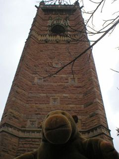 Mr Monkey looking up the side of Cabot's tower