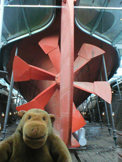 Mr Monkey looking at the propellor and rudder of the Great Britain