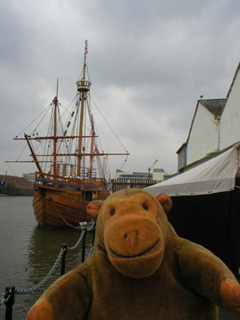 Mr Monkey looking at the Matthew from the the quay beside the Great Britain 