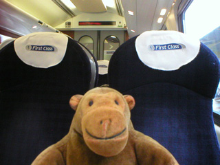 Mr Monkey aboard a train to Birmingham