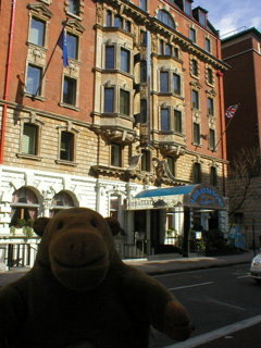 Mr Monkey outside the Ambassadors Hotel