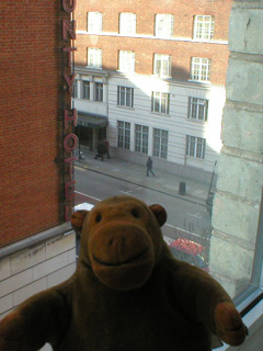 Mr Monkey looking at Woburn Place from his hotel room
