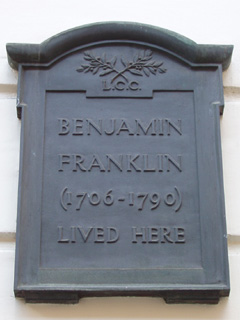 An LCC plaque reading Benjamin Franklin (1706-1790) lived here