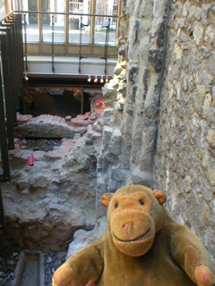 Mr Monkey looking the exposed archeaology of the cathedral