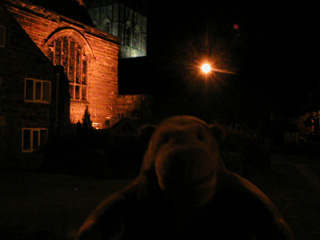 Mr Monkey looking at the floodlit tower of the cathedral by night