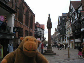 Mr Monkey examining the market cross in Chester