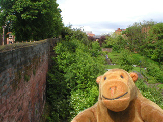 Mr Monkey looking along the walls from the south east corner of the city