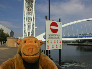 Mr Monkey looking across the Lowry footbridge