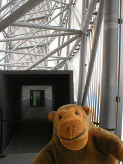 Mr Monkey in front of the broken lift of the Airshard