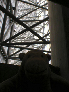 Mr Monkey looking up at the inside of the tower from the bottom