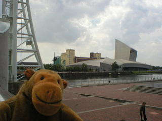 Mr Monkey looking at the Imperial War Museum North from the other side of the canal
