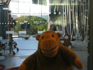Mr Monkey looking at a half finished Channel M TV studio