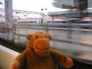 Mr Monkey looking out of the window as his train leaves Manchester