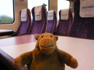 Mr Monkey on a train from Manchester to Leeds