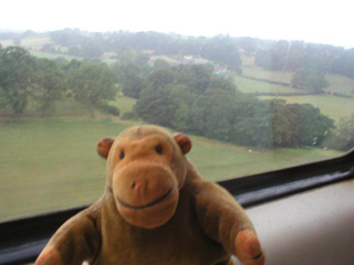 Mr Monkey looking at fields on the way to Harrogate