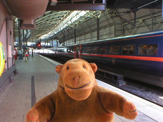 Mr Monkey waiting for a train at Leeds