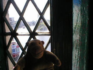 Mr Monkey looking out of a window at the River Ouse