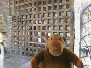 Mr Monkey looking at the portcullis of Bootham Bar