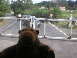 Mr Monkey looking at cars waiting at a level crossing