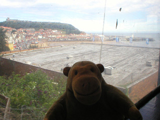 Mr Monkey looking at Scarborough from the Cliff Lift