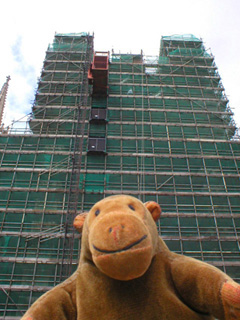 Mr Monkey looking up at the east front of York Minster