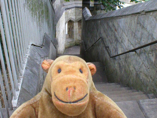Mr Monkey scampering up the steps up Baile Hill