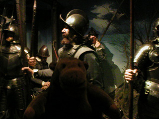 Mr Monkey looking at some York men in Elizabethan armour
