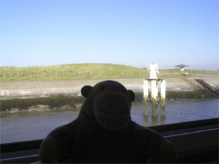 Mr Monkey looking at a statue on a post in Nieuwpoort harbour