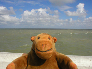 Mr Monkey looking out to sea from the west pier at Ostende