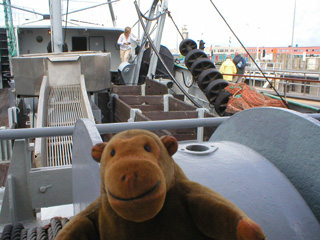 Mr Monkey looking at the deck equipment on the Amandine