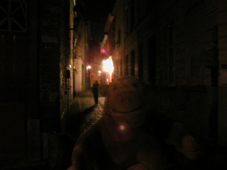 Mr Monkey in a narrow street in the Patershol