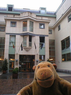 Mr Monkey outside the Ghent Sofitel