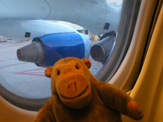 Mr Monkey looking at the engines of his plane on the tarmac at Brussels