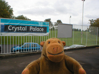 Mr Monkey by a banner saying Crystal Palace