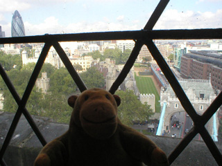 Mr Monkey looking at the Tower of London from Tower Bridge