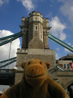 Mr Monkey looking up at the South Abutment of the bridge